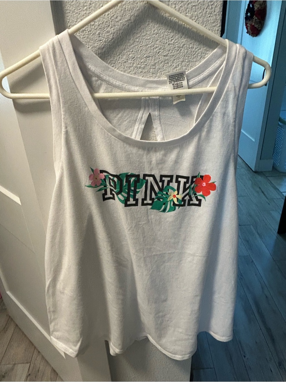 PINK Victoria's Secret White Floral Logo Tank Top